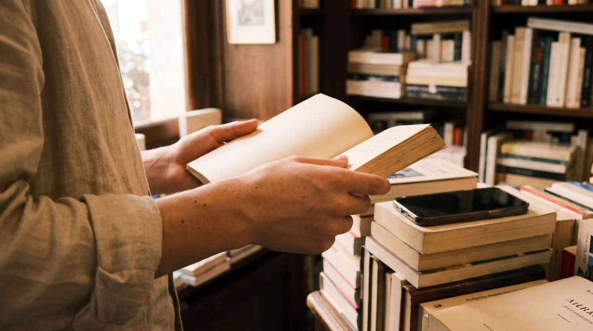 Hands holding an open book in a Left-Bank Parisian bookshop
