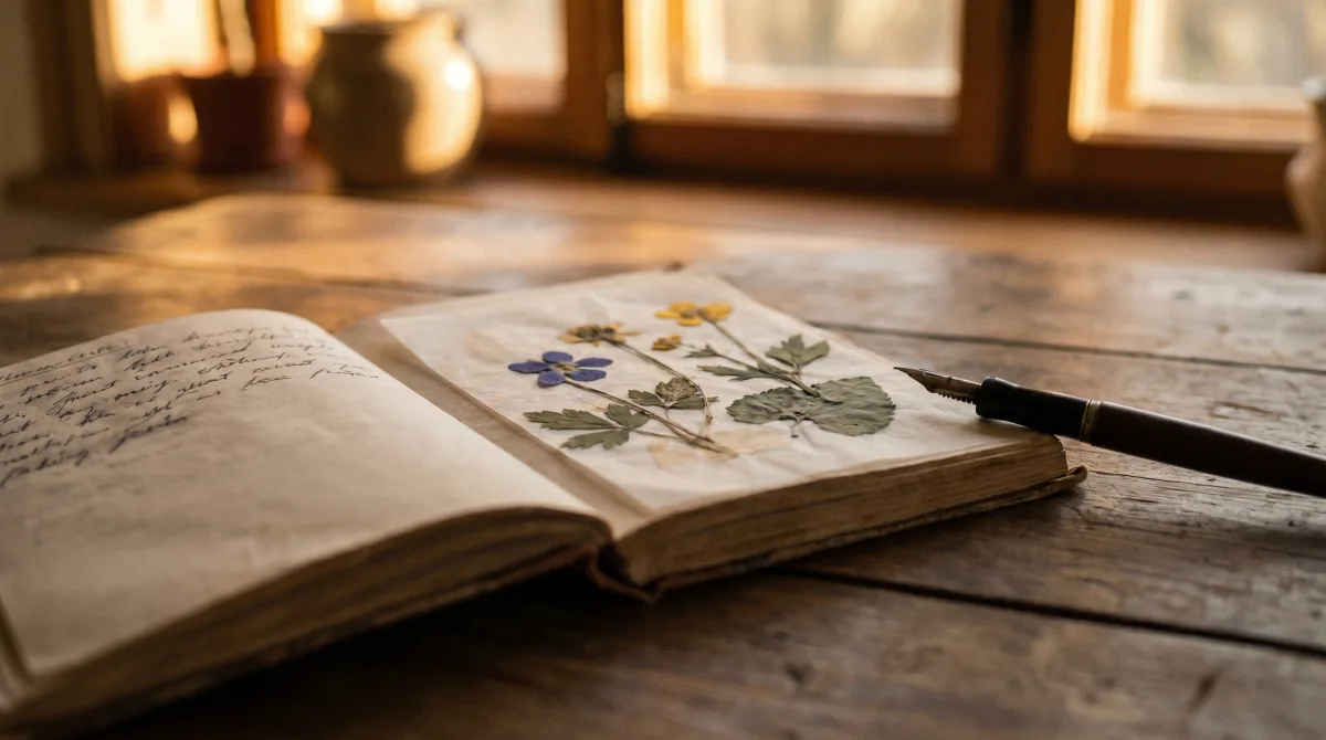 An open notebook, pressed wildflowers and a pen — a person's character shown in how they write