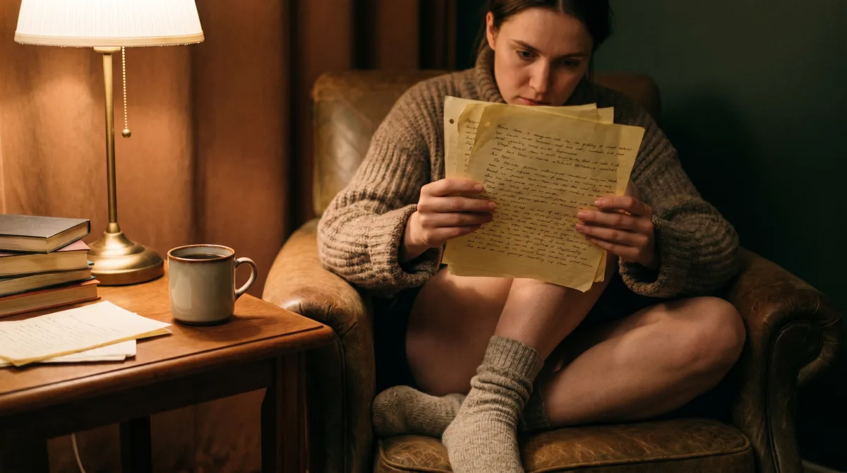 Someone absorbed in reading another person's written pages by lamplight — character read from words, not a quiz