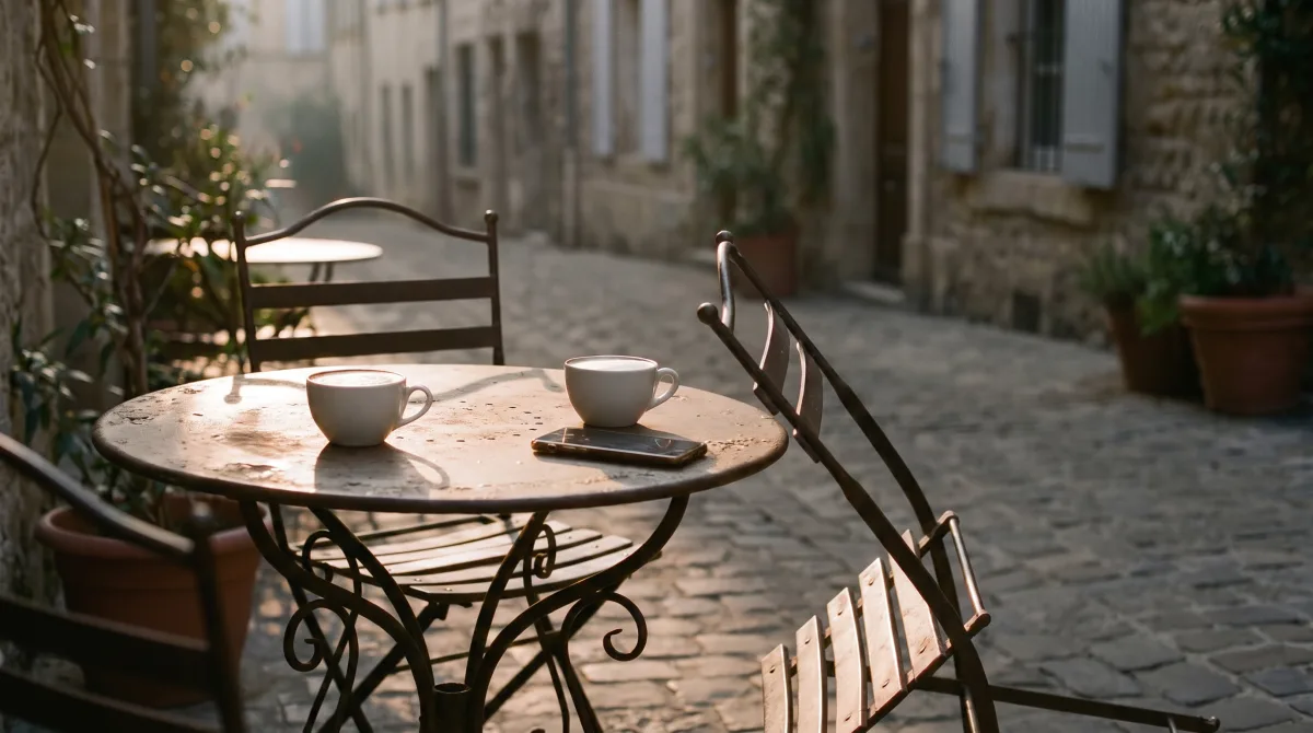 A café table in late-afternoon light with two coffees, one of them untouched, and an empty chair pushed back from it