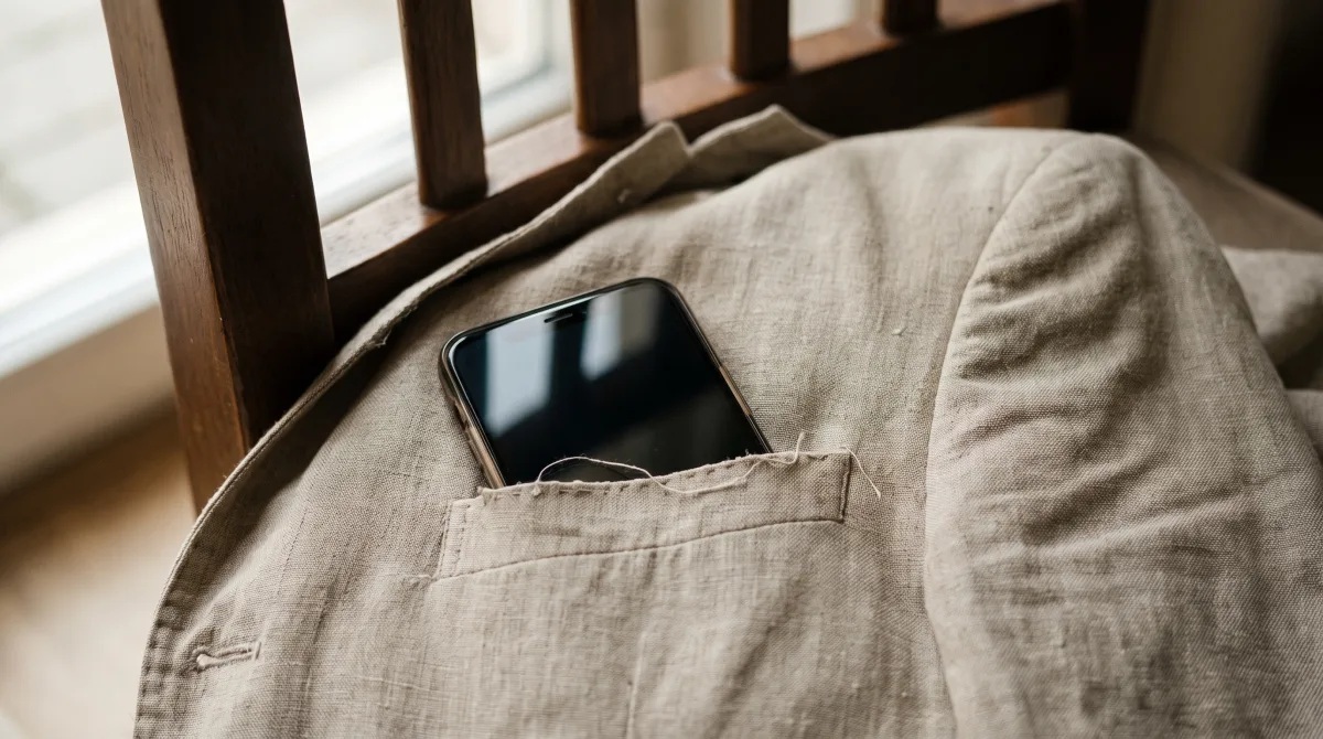 Close-up top-down view of a phone half-tucked into the pocket of a linen jacket, its screen dark