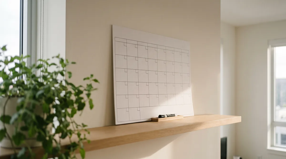 An empty wall planner in a bright morning room