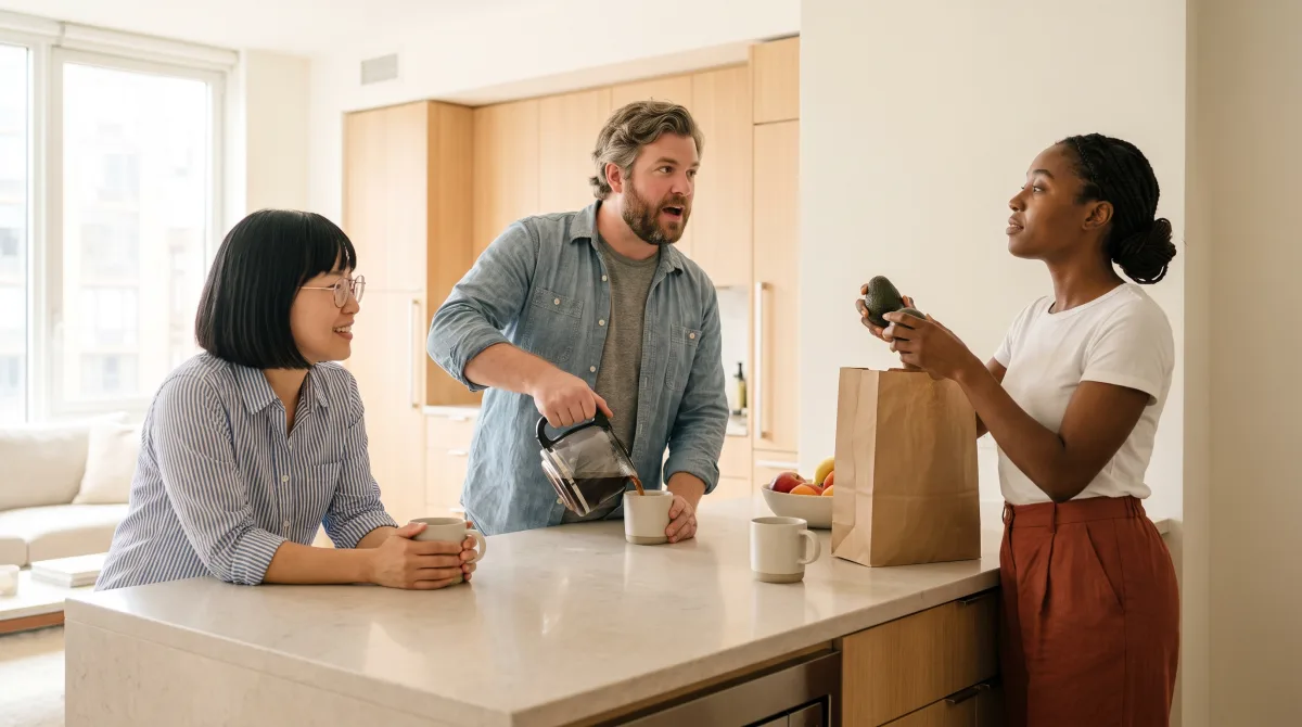 Three adults talking around a kitchen island in warm daylight
