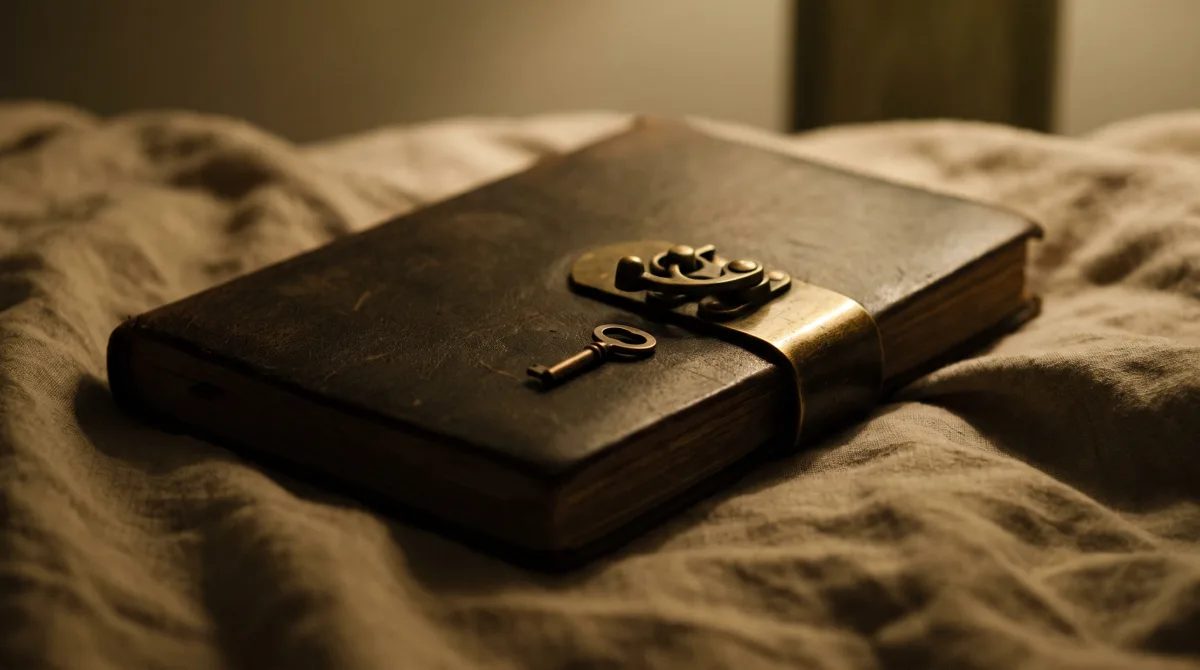 A closed notebook with a brass clasp and a small brass key resting beside it on linen