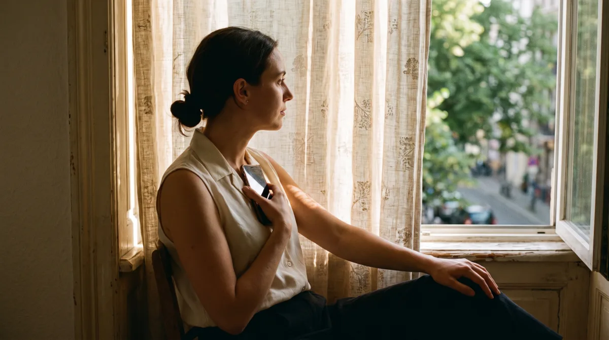 A young woman in a sunlit window seat holding her phone close to her chest, screen turned away from view