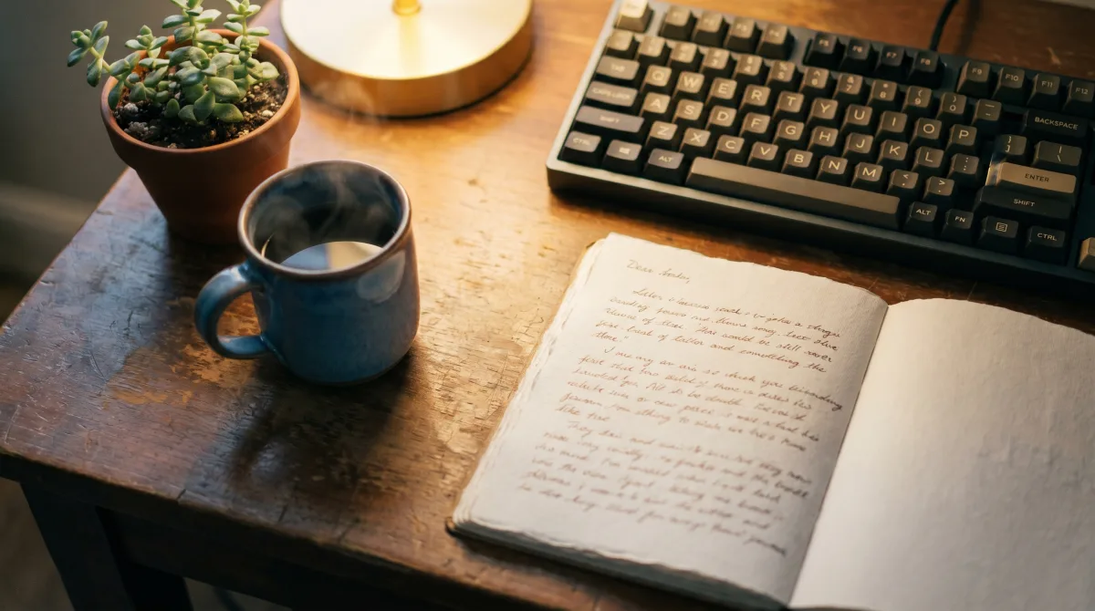 A developer's desk at dusk — keyboard set aside, an open notebook and warm lamplight, words over swipes