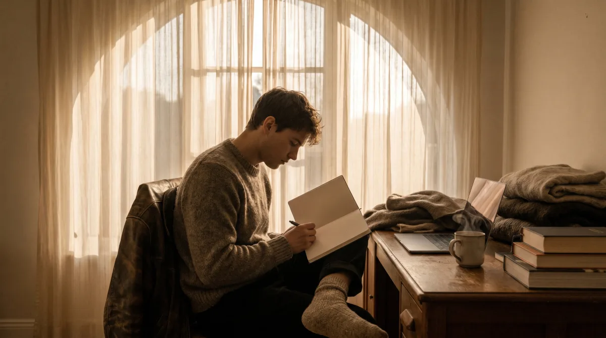A programmer sitting by a window at golden hour, laptop closed, writing a thoughtful message in a notebook instead of swiping
