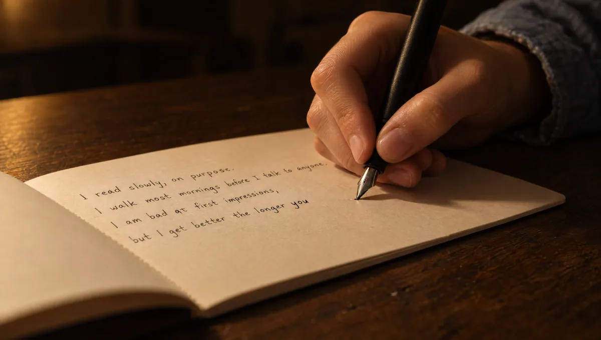 A hand writing in an open notebook by lamplight, the pen still on the page in the middle of an unfinished line