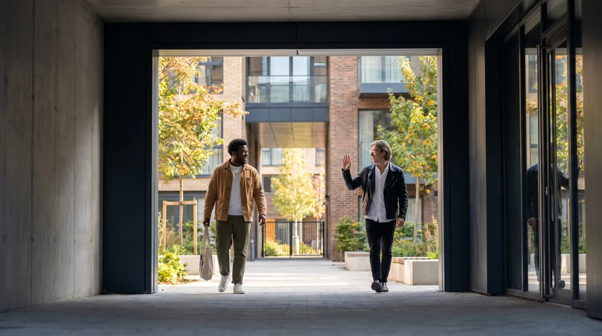 Two people crossing a courtyard toward each other, arriving to meet after reading what the other wrote