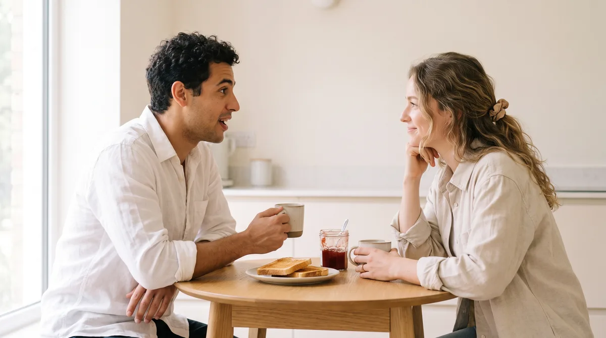 Two people sitting across a small kitchen table over coffee mugs in early morning light, leaning toward each other mid-conversation
