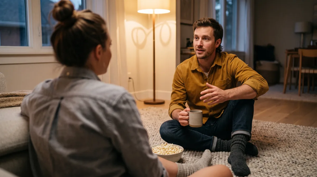 A couple sitting cross-legged facing each other on a living room rug in the evening, wearing wool socks, one gesturing mid-sentence