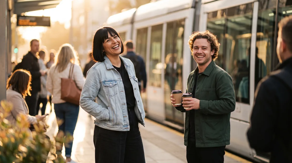 A woman in a denim jacket laughing on a crowded city tram platform at golden hour, a man beside her holding two paper cups of coffee