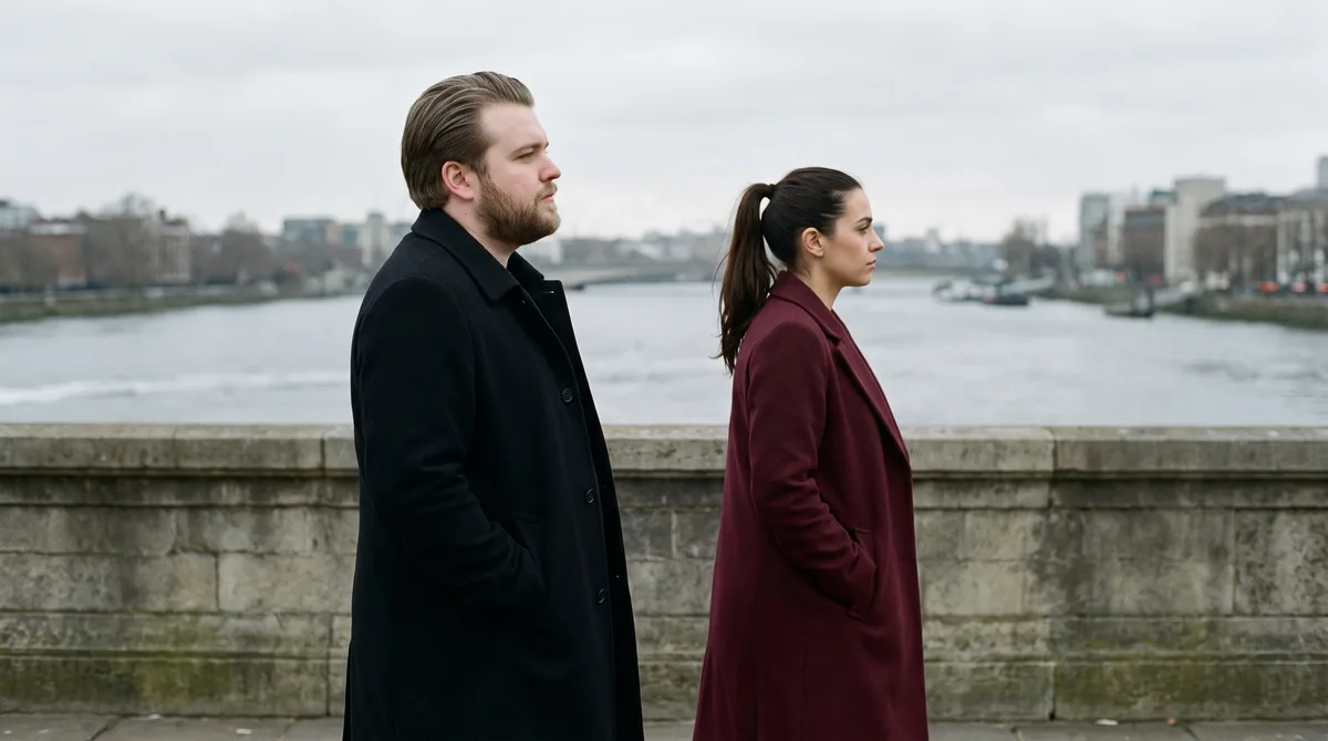 Two adults in wool coats walking side by side along a river embankment in flat grey afternoon light, a little apart, the man looking at the water while the woman looks ahead
