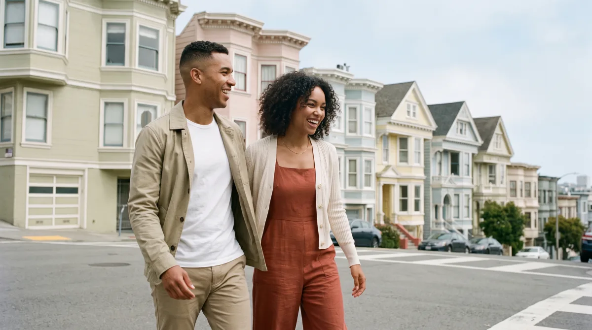 A stylish young couple walking past the Painted Ladies in San Francisco in summer