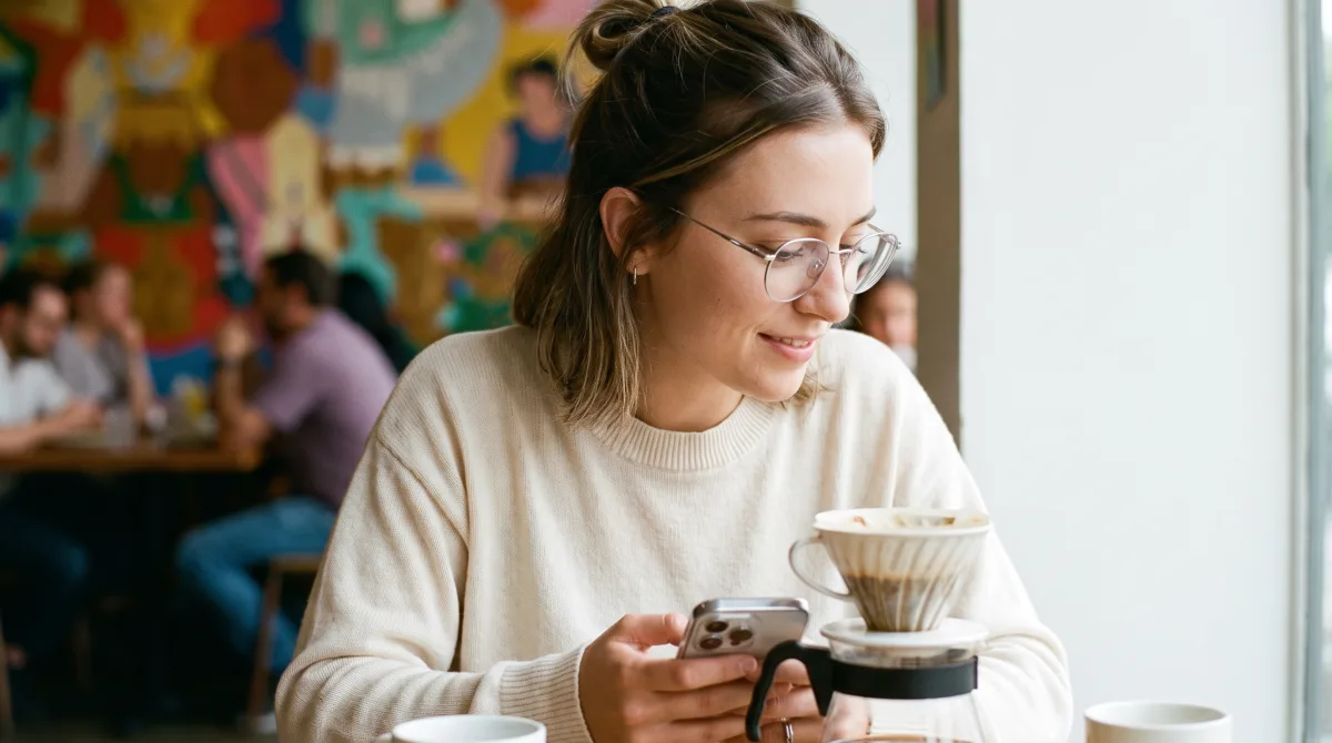 A young woman at a Mission-district café in San Francisco checking her phone