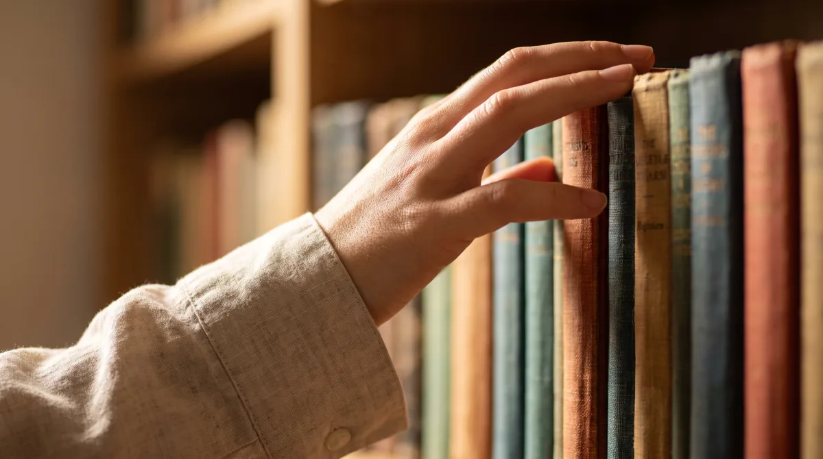 A close-up of fingers tracing along book spines on a crowded independent bookshop shelf