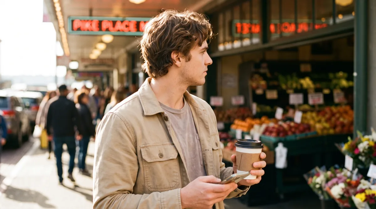 A stylish young man at Pike Place Market in Seattle on a summer day