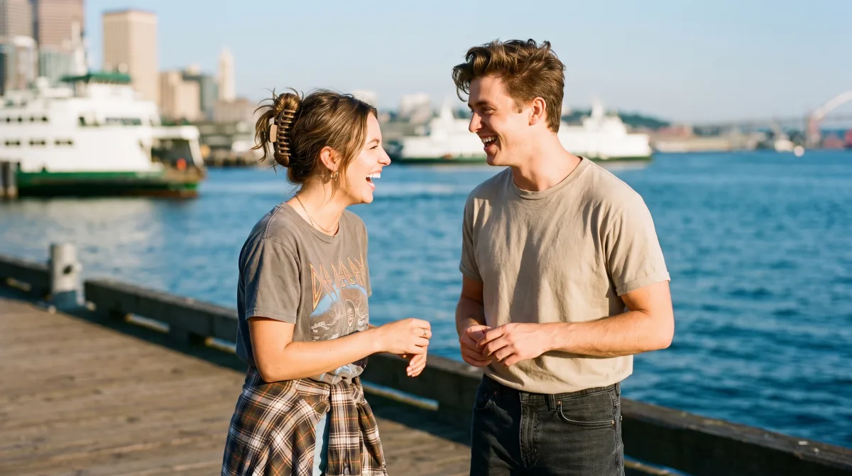 Two friends laughing at the Seattle waterfront in summer