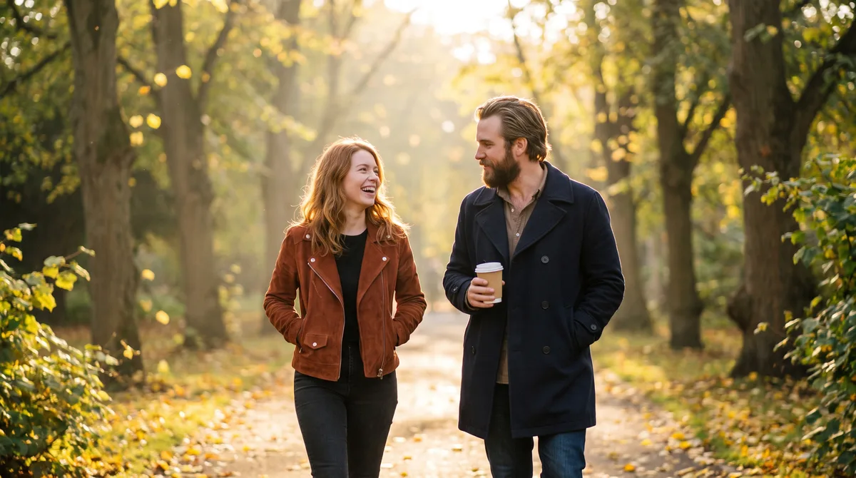 Two people walking side by side down a quiet tree-lined path in early evening light, one turned mid-sentence toward the other