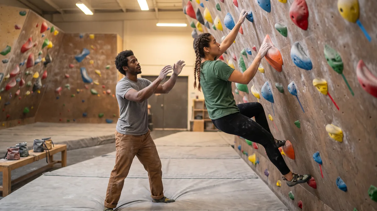 Two people at an indoor bouldering wall, one spotting the other mid-climb, chalk dust visible in warm gym light