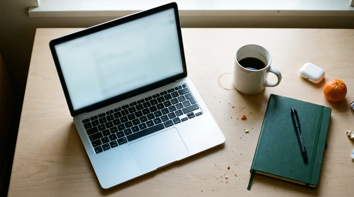 A dorm desk with a laptop and a mug, the laptop screen out of focus, no one at the desk