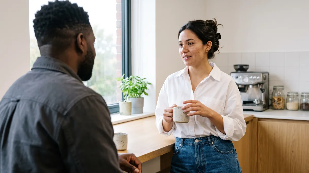 Two people talking over coffee in a bright coworking kitchenette, mid-conversation