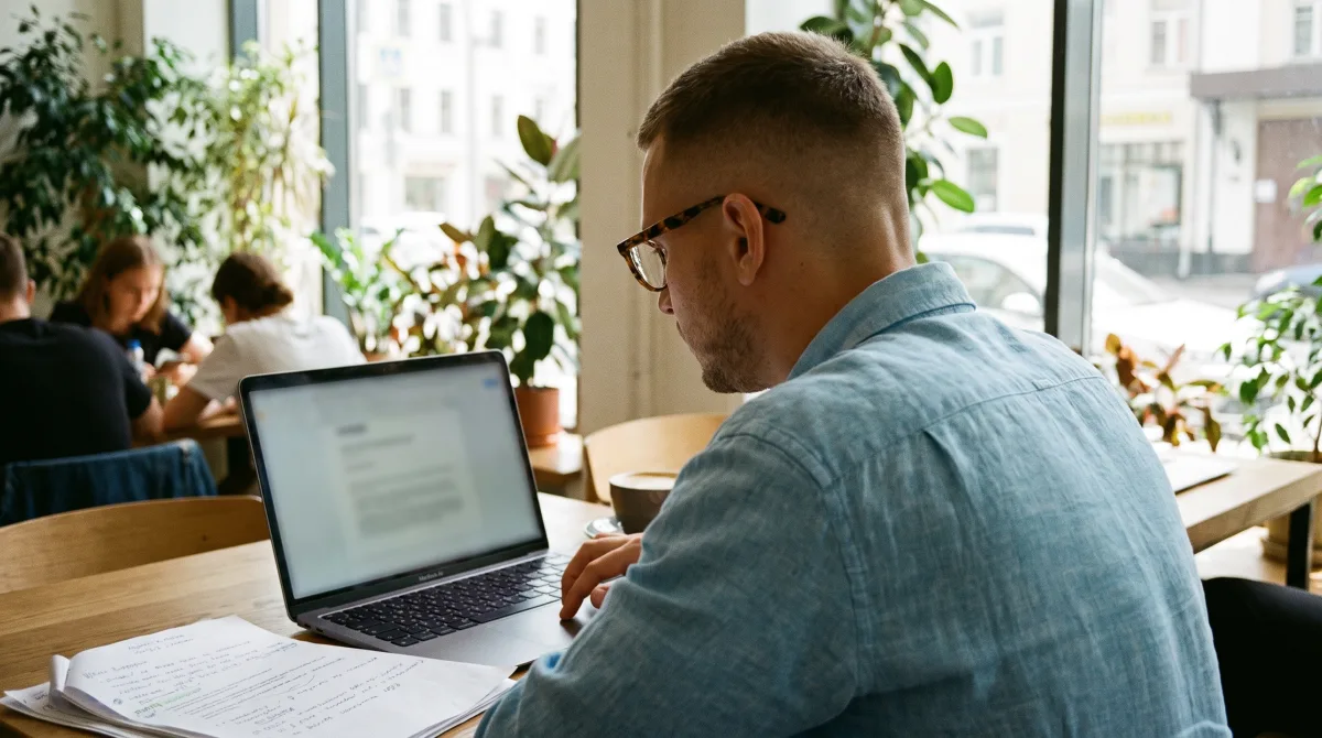 A young academic working at a laptop with annotated papers in a coworking space