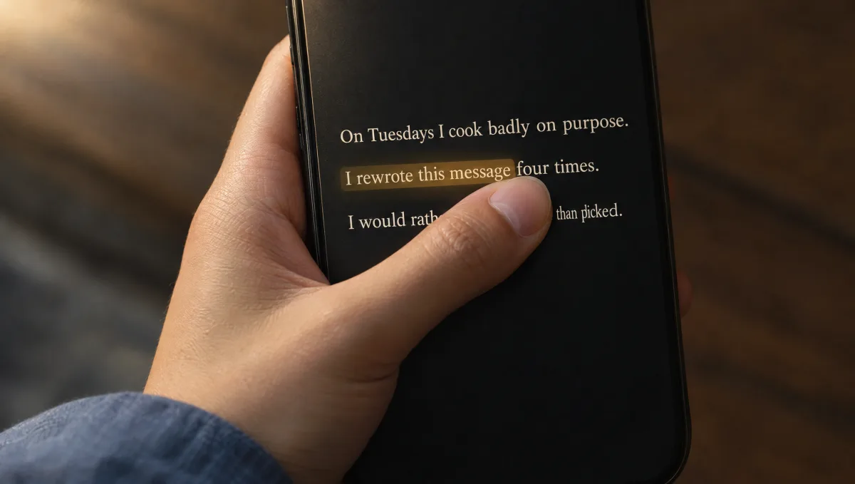 A thumb on a phone screen just under the line it has marked with a gold highlight in someone's written profile