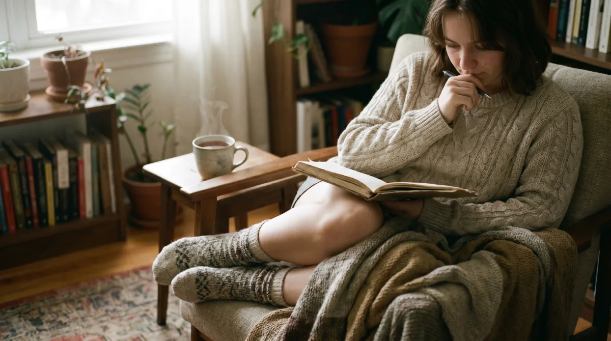 A shy person composing a message in a cozy corner — no live pressure, time to find the words