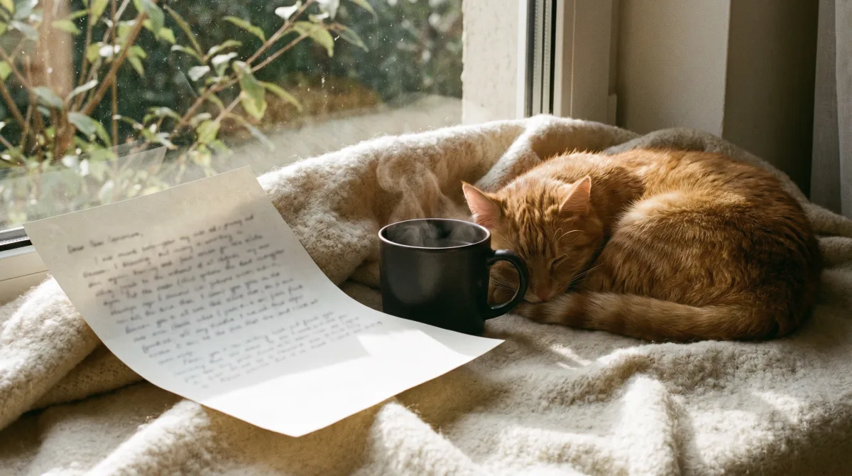 A half-written letter, tea and a sleeping cat by a window — writing at your own gentle pace