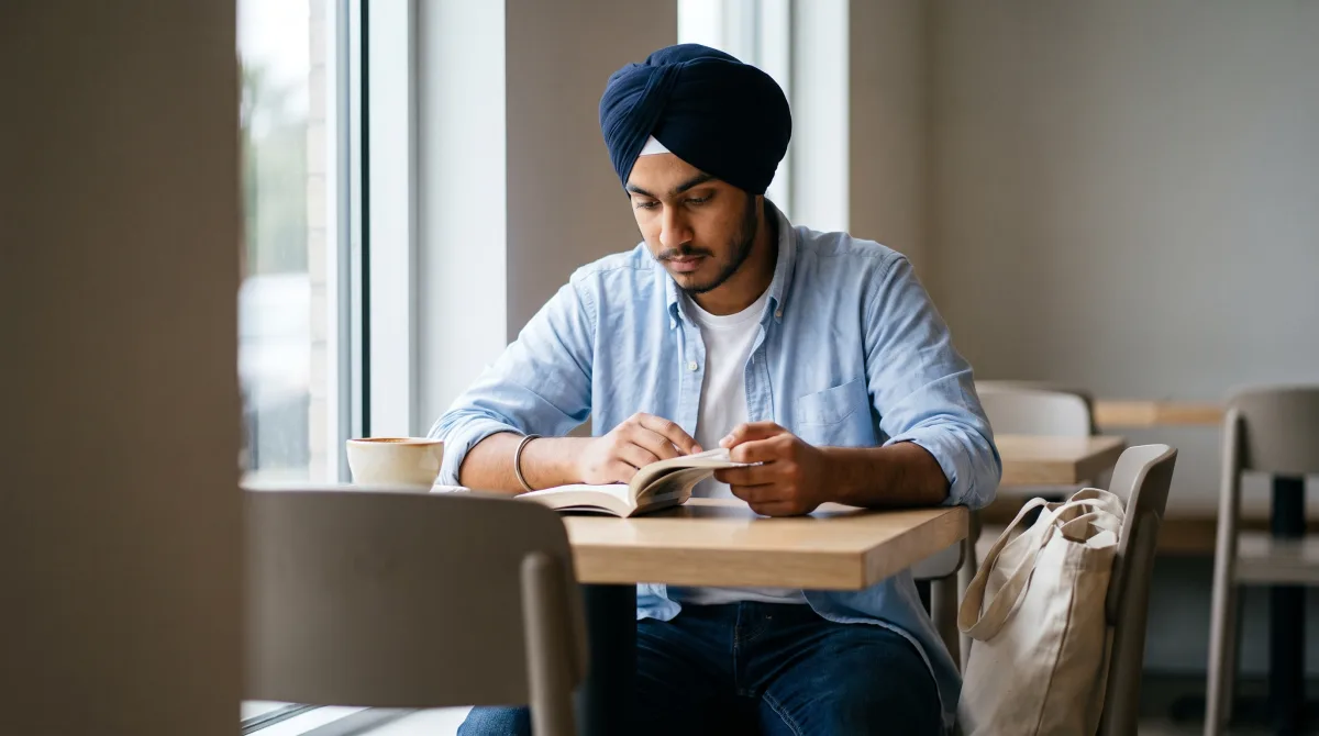 A man sitting alone at a café table by a window, reading calmly