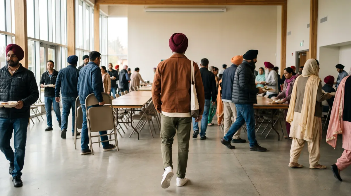 A man walking through a busy community hall, others moving around him