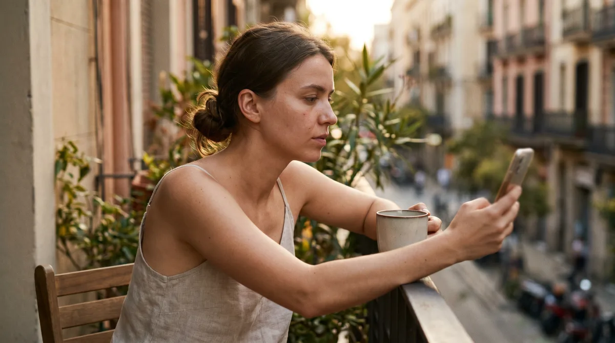 A young woman on a balcony at dusk glancing at her phone, ambivalent