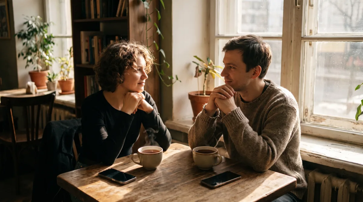 Two people in an unhurried, focused conversation by a window, phones set aside, tea between them