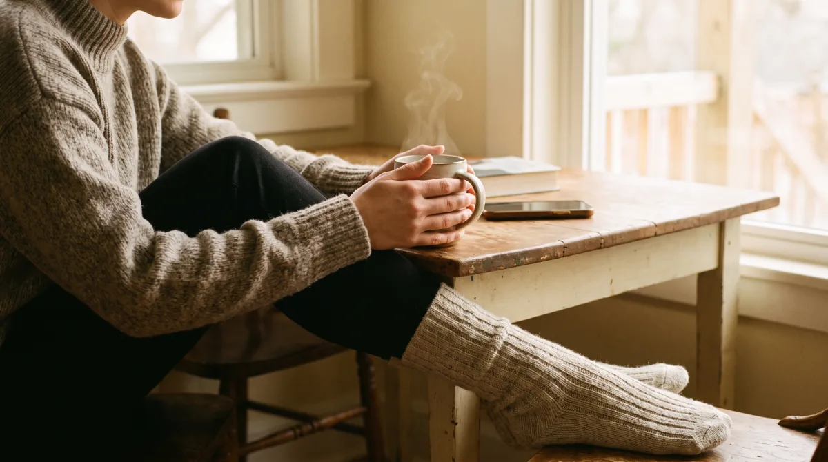 A person cradling a coffee in a sunlit kitchen nook, phone face-down, taking a slow unhurried morning