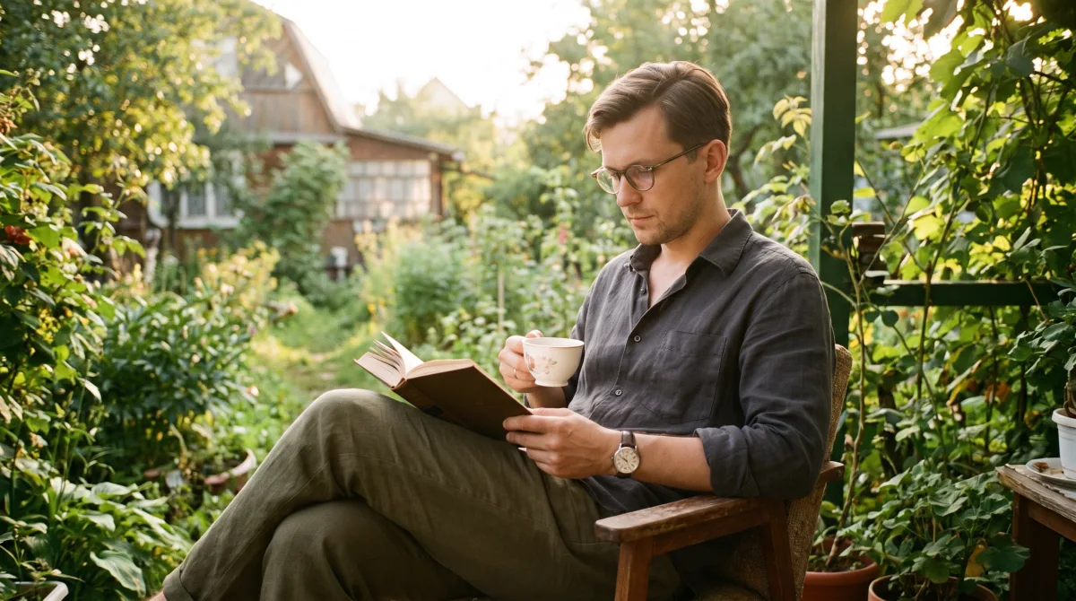 A man reading a book unhurried on a leafy garden porch at golden hour
