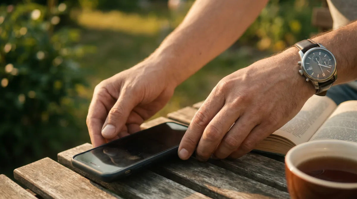 Close-up of hands setting a phone face-down beside a book and tea