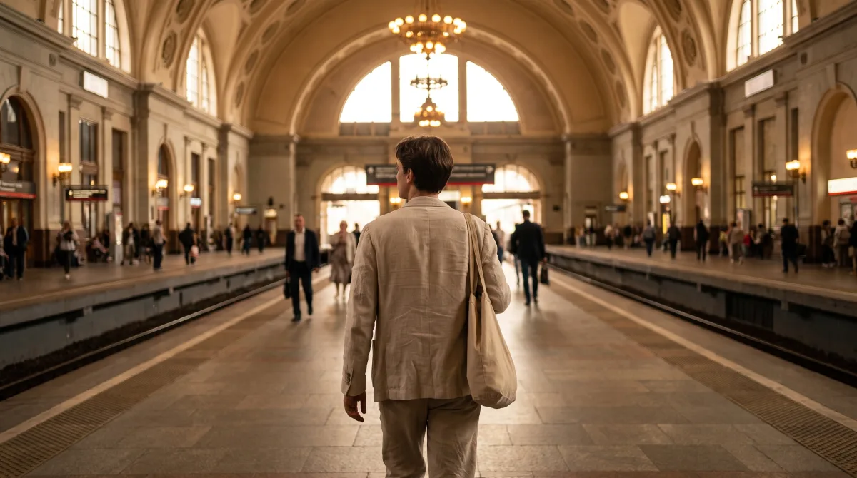 A figure seen from behind walking away through a vast station hall, face unseen, disappearing into the distance