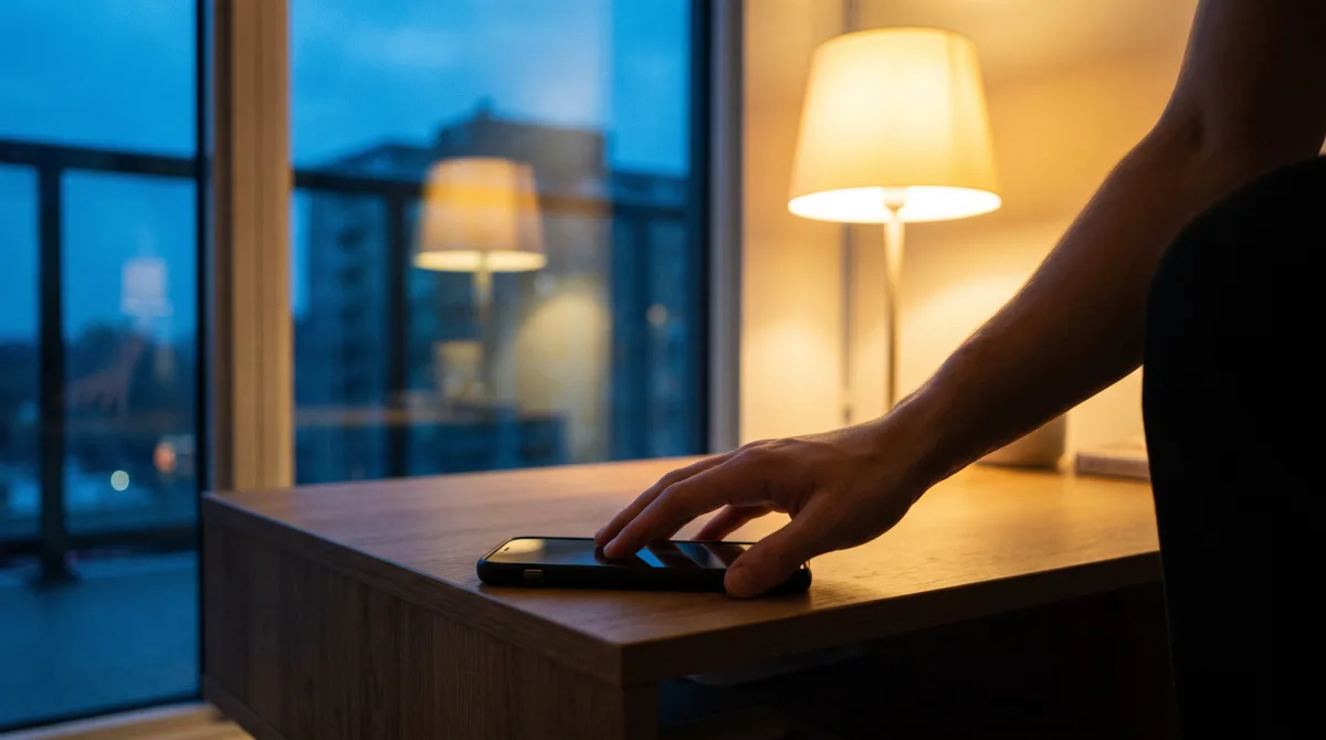 A hand resting a thumb on a dimmed phone screen on a table at dusk, the message unreadable in the low light