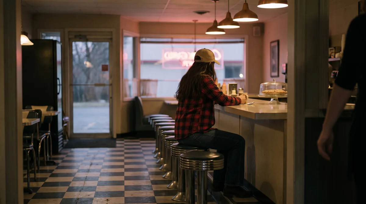 A lone figure sits at the counter of a small-town diner at dusk, one empty stool beside them, the pink glow of a neon sign blurred in the window behind