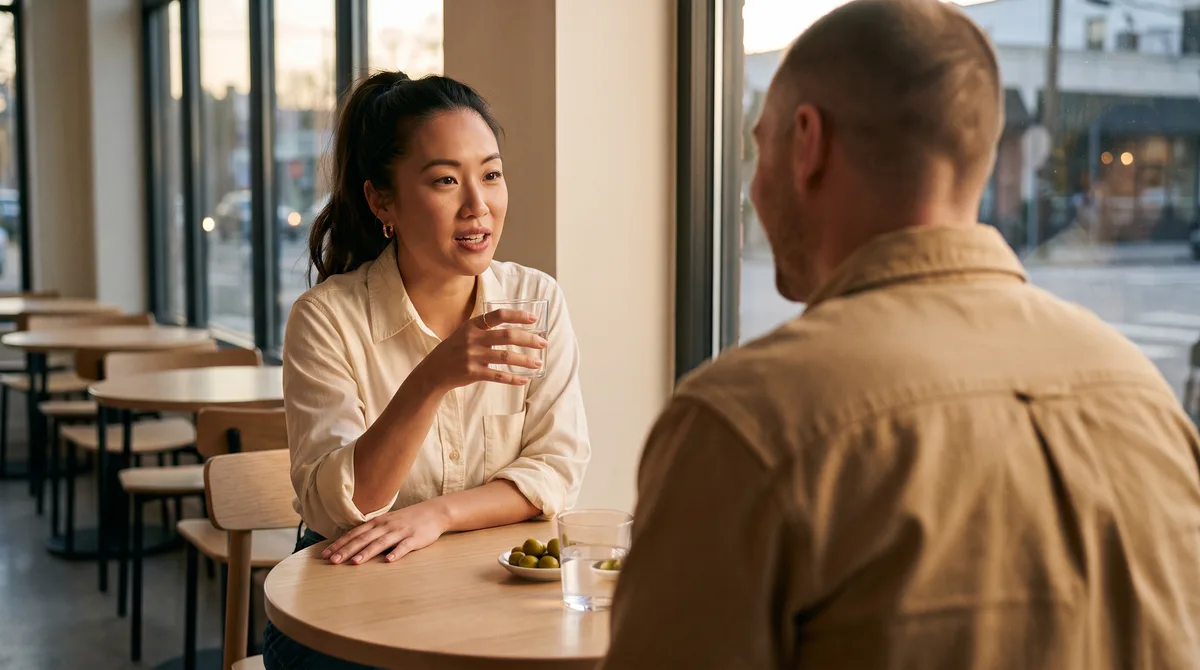 Two people lean into conversation at a small café table in early evening light