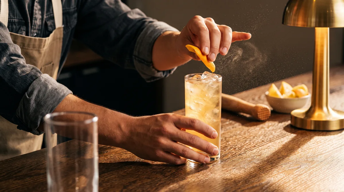 A bartender garnishes a non-alcoholic cocktail with citrus at a warm-lit bar