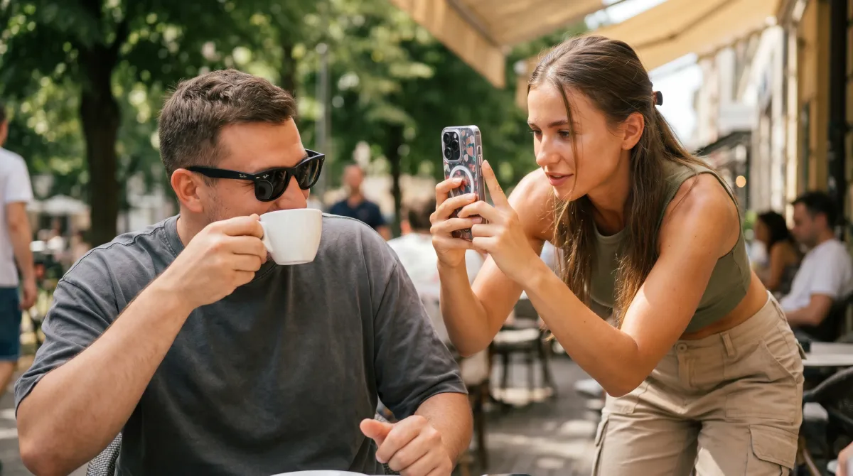A stylish young couple soft-launching on a café terrace, one photographing the other whose face is playfully hidden
