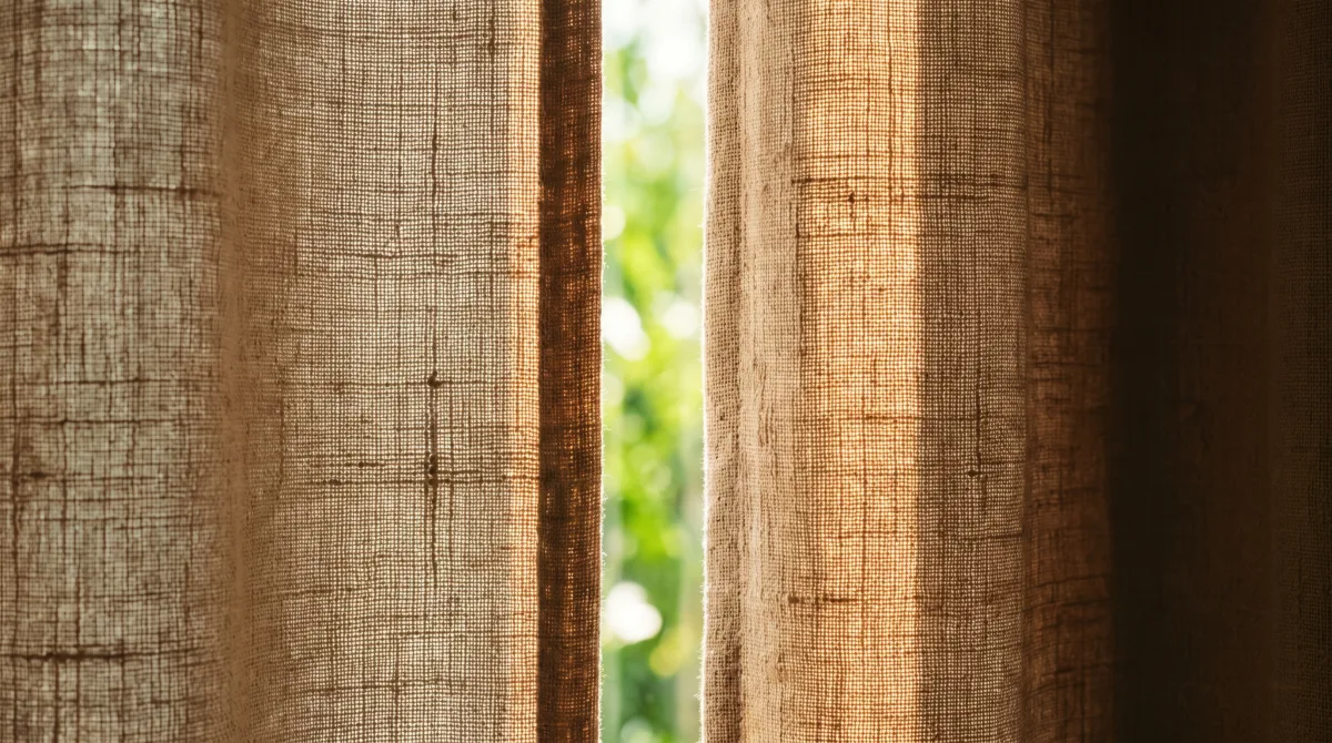 A linen curtain drawn three-quarters across a sunlit window, one narrow sliver of light and view left uncovered