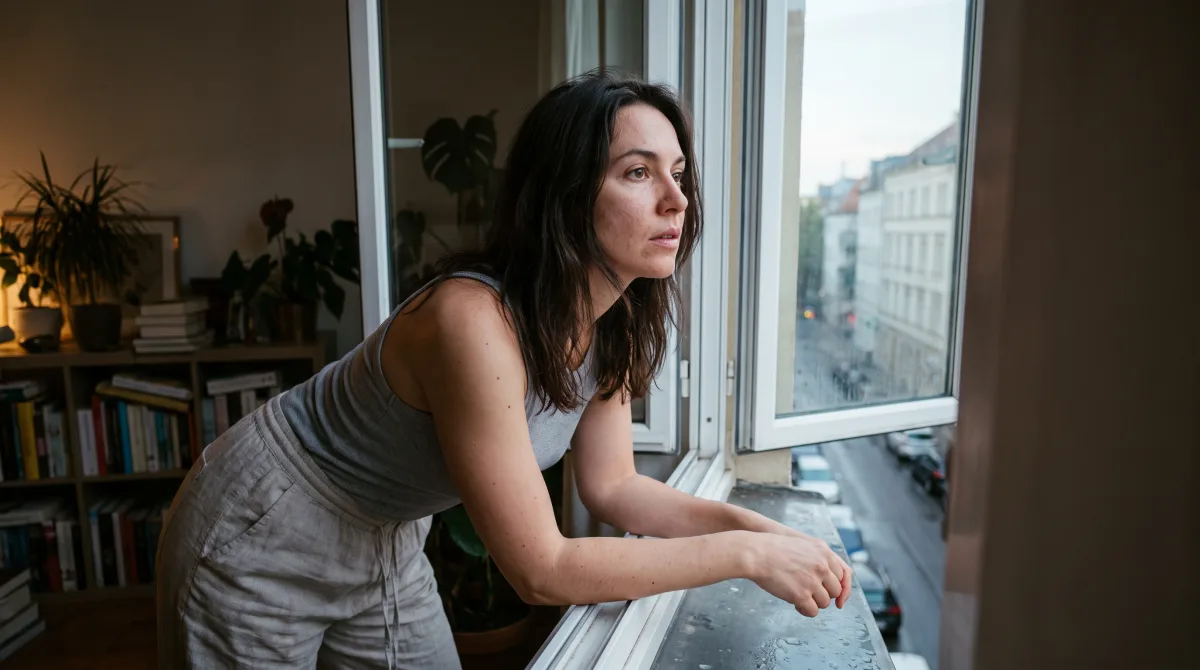 A young woman stands at an open apartment window in early morning light, hands resting on the sill, looking out at the street with a calm, alert expression
