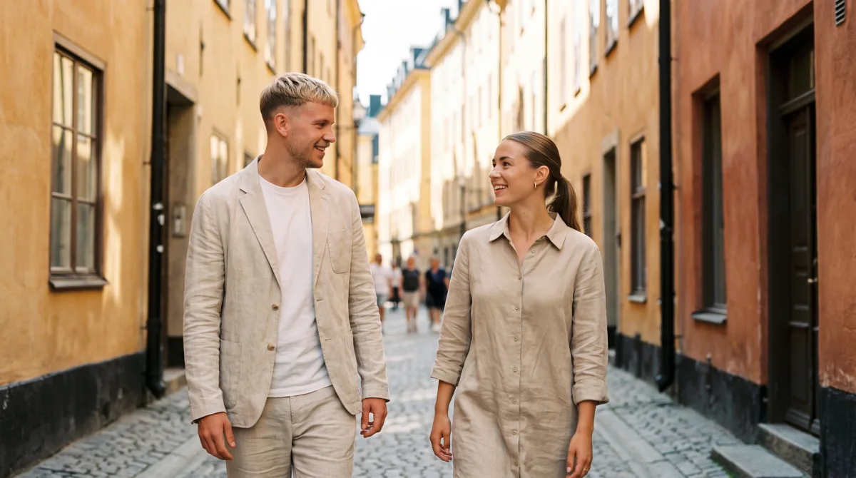 A stylish young Swedish couple walking a Gamla Stan lane in Stockholm in summer