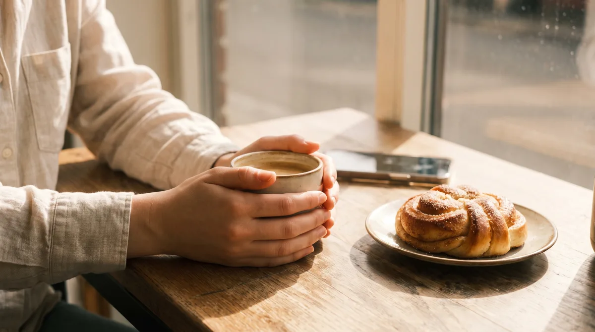 Hands around a coffee cup and a cardamom bun at a Stockholm café in summer