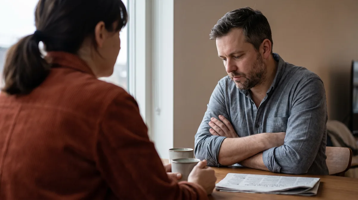 Two people sitting across a small kitchen table in evening light, one turned sideways with arms crossed and eyes down, the other leaning forward mid-sentence
