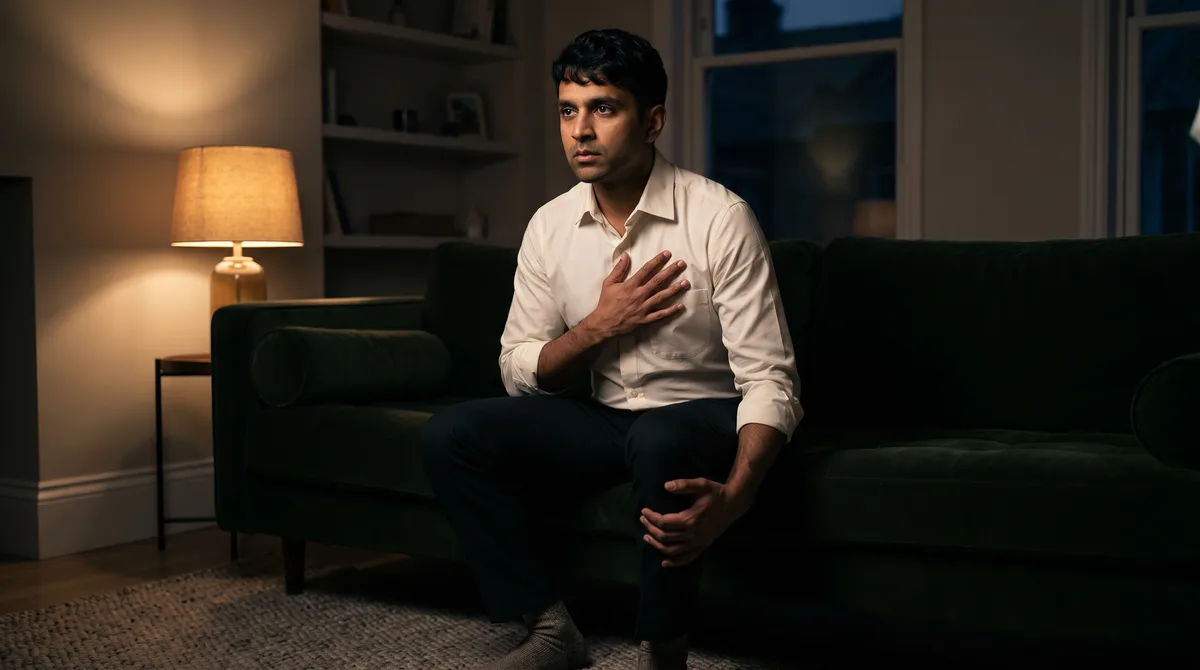 A man sitting alone on the edge of a couch in dim evening light, one hand pressed flat against his chest, staring past the camera