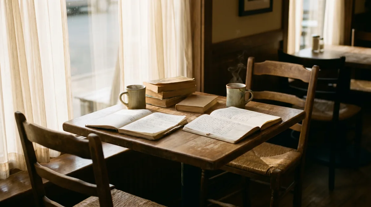 A sunlit café table set for two with mugs and open notebooks — a conversation about to begin